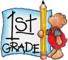 Stuffed bear with a pencil next to text "First Grade"